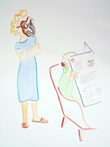 Vivienne Shark LeWitt untitled sketch (lady with gas mask looking at guy in chair with news paper), 1994; watercolour on paper; 110 x 75 cm; enquire