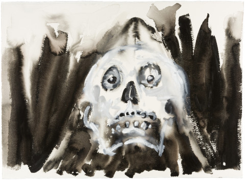 Fiona Hall Caged 10., 2017; Cat no. 61; gouache and tapa dye on rag paper; 57 x 76 cm; enquire