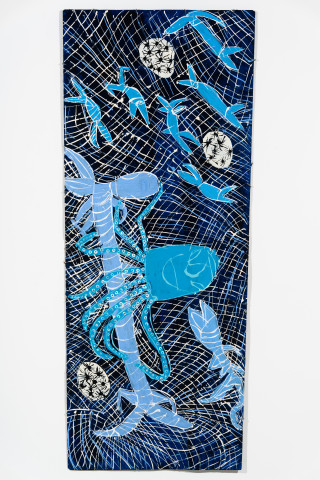 Dhambit Munuŋgurr Husband and wife, 2024; 8388-24; acrylic on bark; 240 x 96 cm; enquire