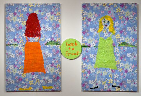 Jenny Watson Back to Front, 2010; Part 1: two paintings, acrylic on rabbit skin glue primed Hong Kong cotton, 105 x 65 cm each
Part 2: acrylic on prepared stretcher, 25 cm diameter
; enquire