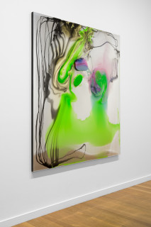 installation view; Dale Frank His isolating yet increasingly ever more complex dawn fantasies where in fact his barometer check in on reality, to form up his constant thoughts throughout the day, enough to wander and wonder in his glass like life reflecting only his constant misunderstandings, 2025; colour powder pigments in Epoxyglass, Epoxyglass, on perspex; 200 x 180 cm; enquire