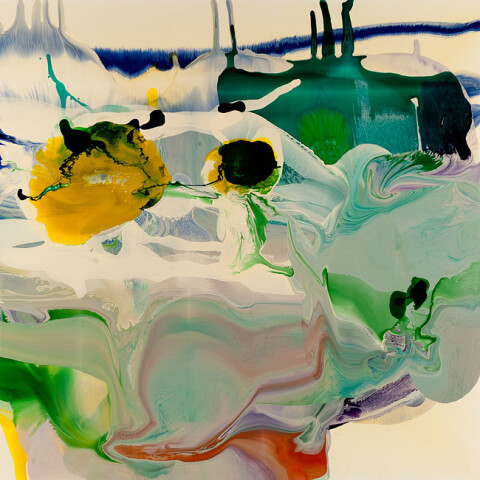 Dale Frank 20. Passing the half way mark. He had forgotten to tell them to feed Famous and the cats, surely they would notice to, criss crossing the staff and their own shifts in power living., 2009; varnish on canvas; 200 x 200 cm; enquire