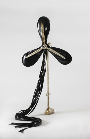 Caroline Rothwell Wind Machine, 2013; Britannia metal, PVC, thread, stainless steel; 87 x 45 x 25 cm; Enquire